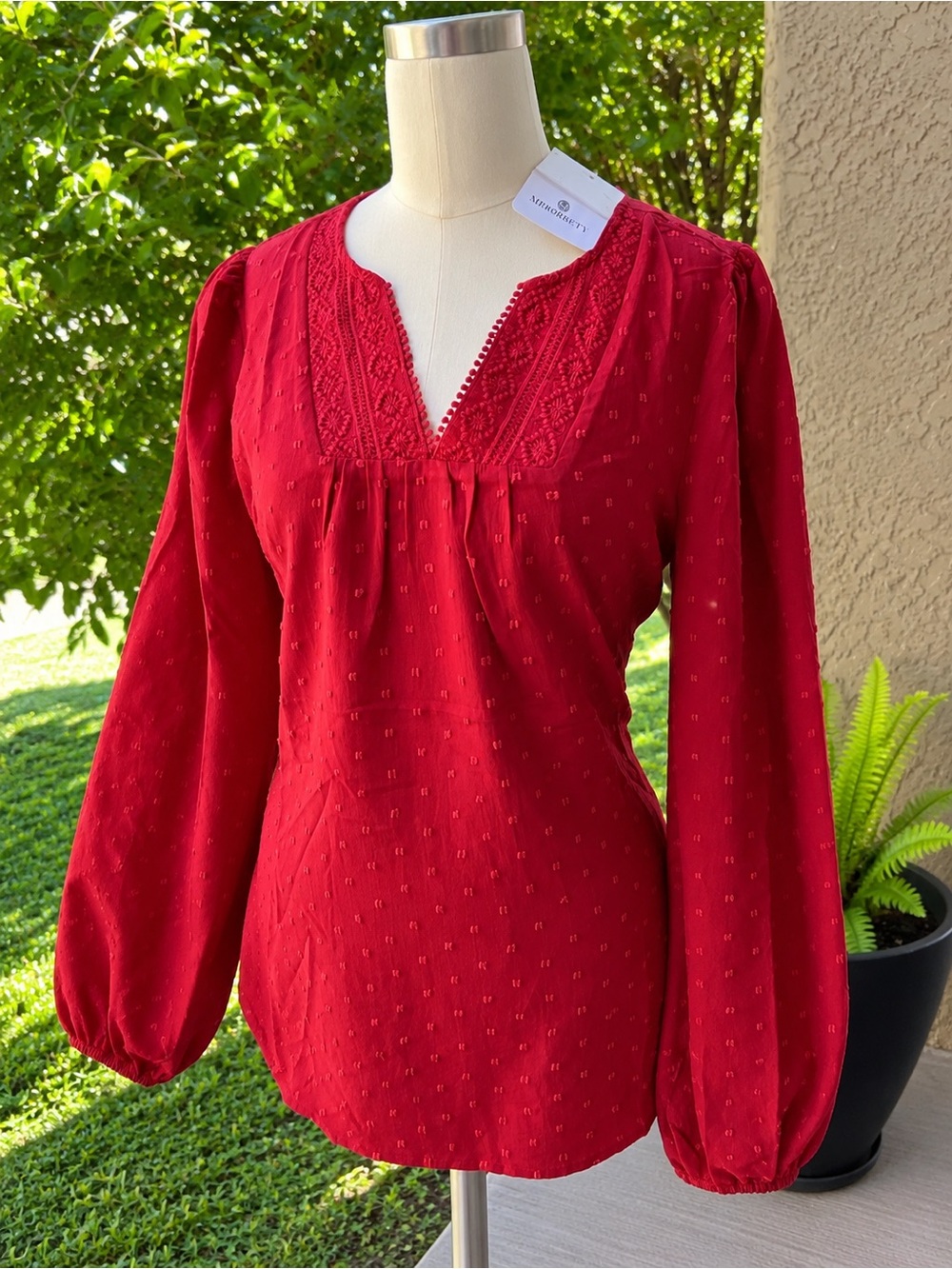 Embroidered Red V-Neck Peasant Tunic